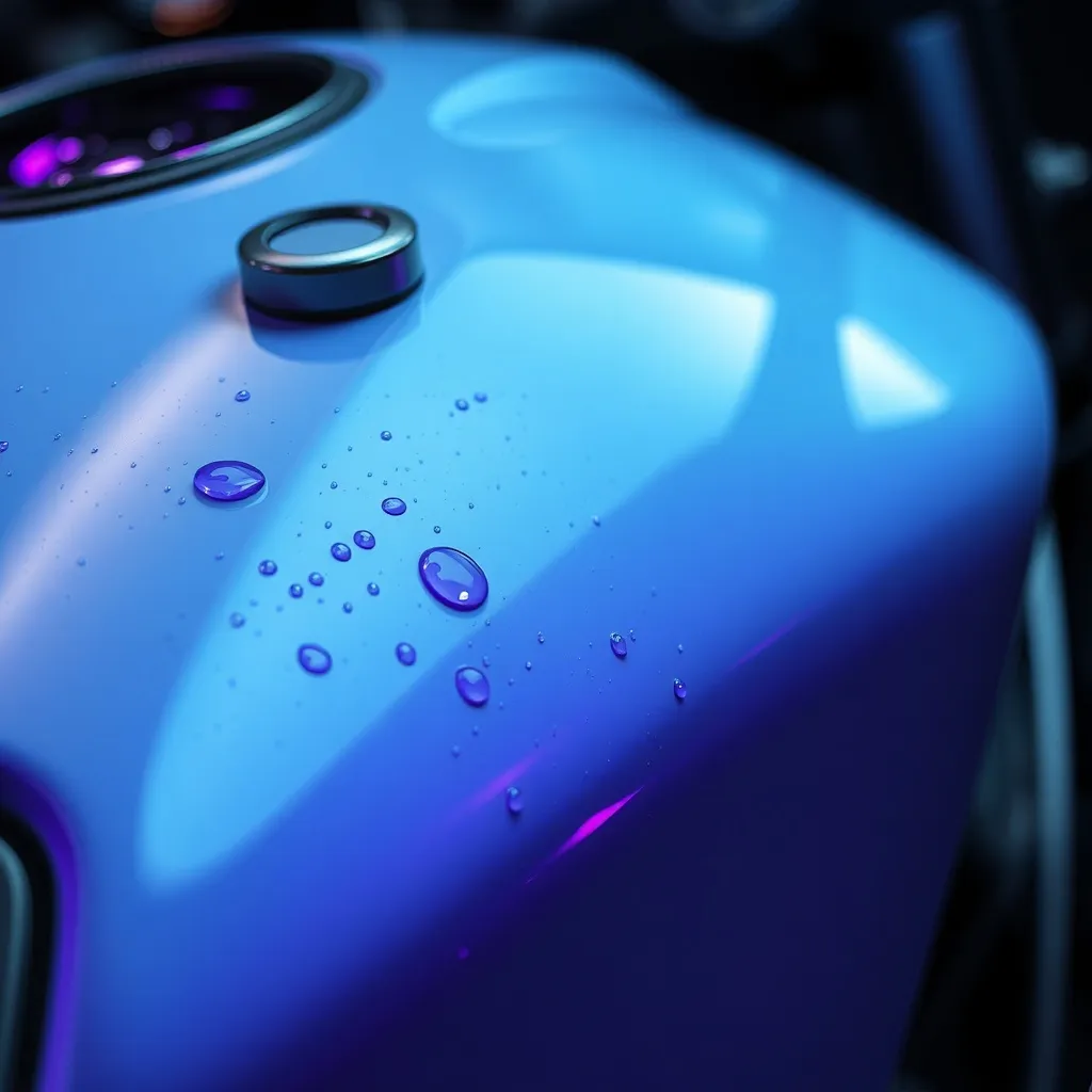 Close up of a motorcycle fuel tank with liquid ceramic coati