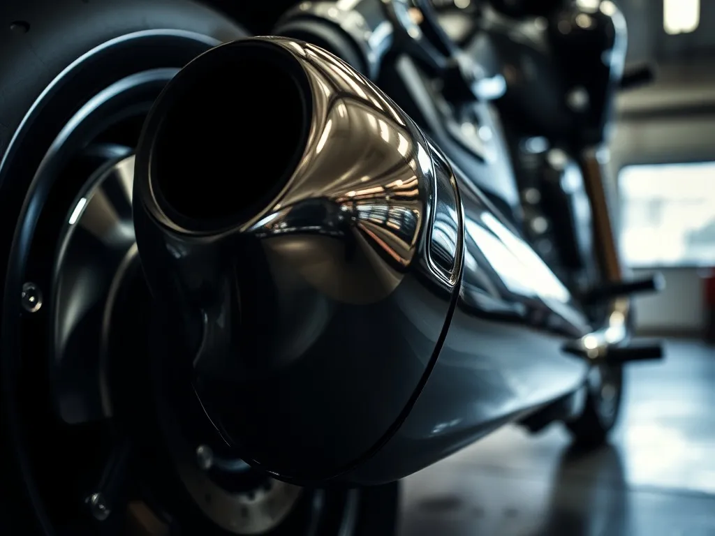 Close-up of a high-polished motorcycle chrome exhaust pipe w