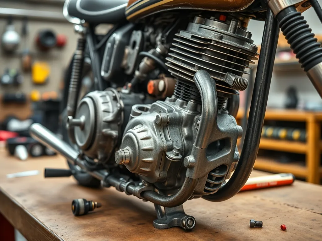 Close up of a disassembled vintage motorcycle engine on a cl