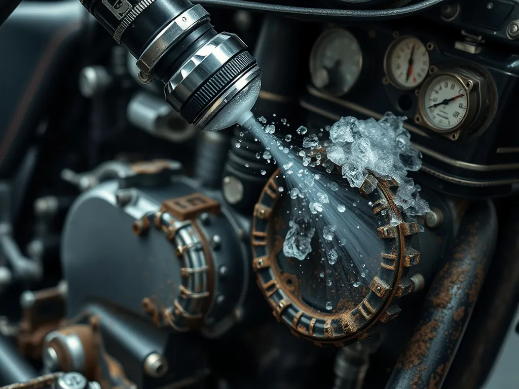 Close-up of a high-tech dry ice cleaning nozzle spraying CO2