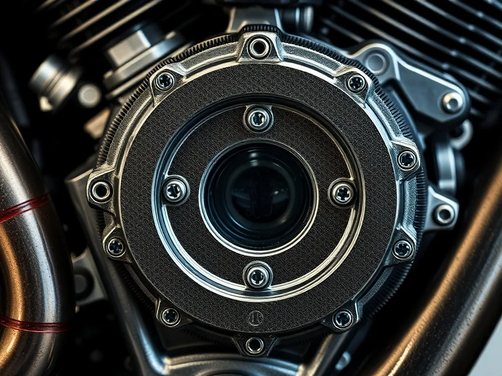 Ultra close up of a clean motorcycle engine head, focus on b
