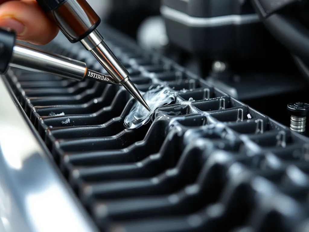 Motorcycle radiator fins being cleaned with precision tools,