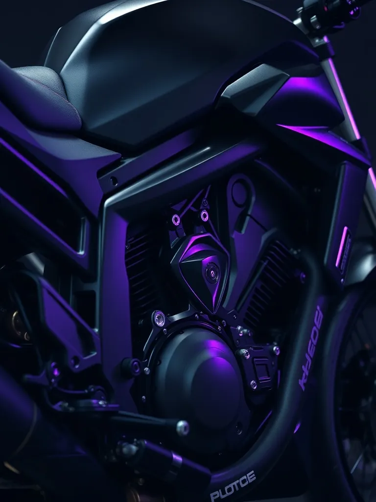 Close up of a black high-end modern motorcycle engine and fr