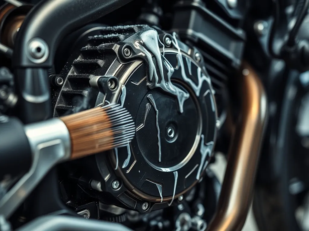 Close-up of a motorcycle engine block being cleaned with a s