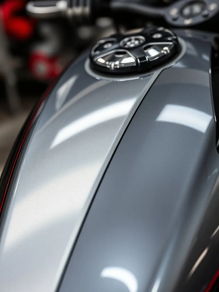 Macro shot of a motorcycle fuel tank with visible scratches