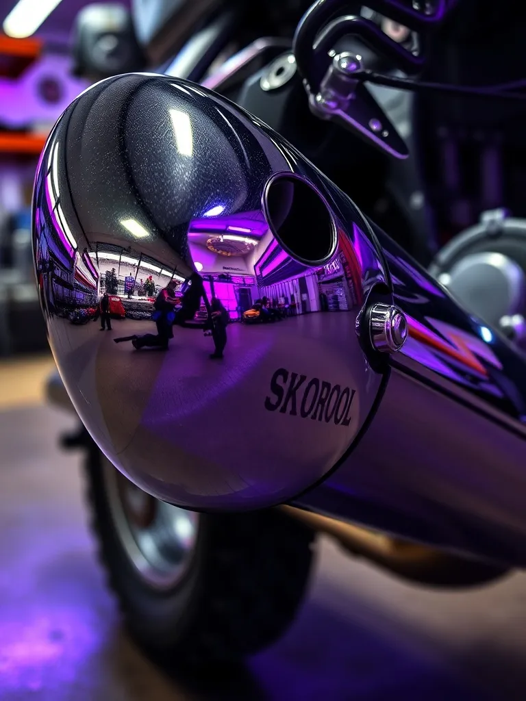 Polished chrome exhaust pipe of a vintage motorcycle reflect