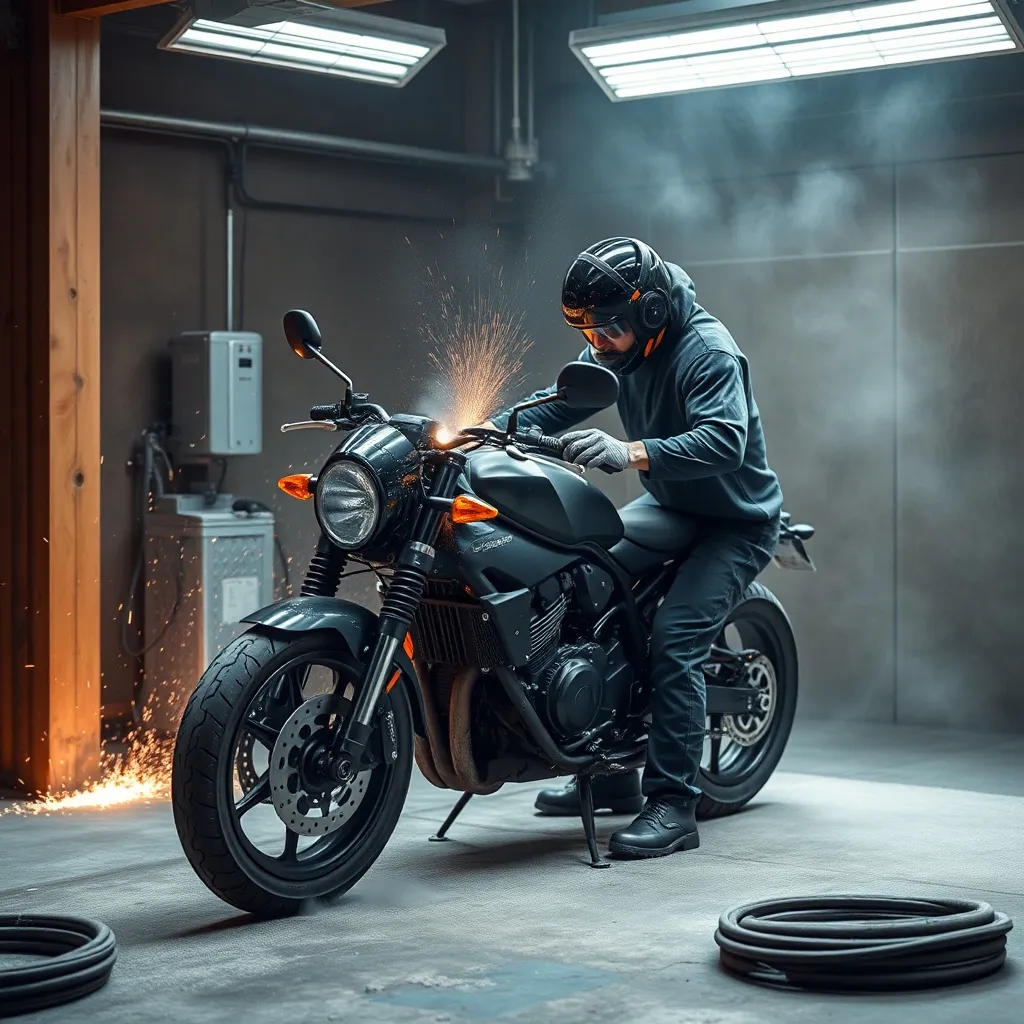 A worker sandblasting a motorcycle frame in a professional b