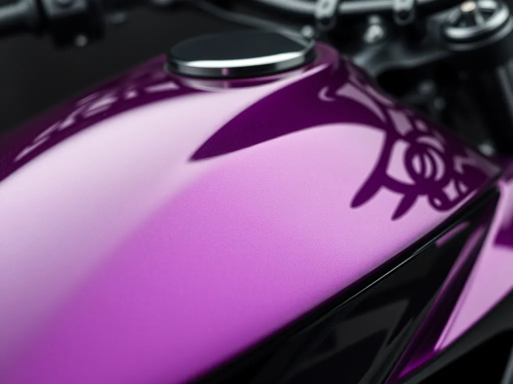 Close-up of a high-end motorcycle fuel tank with deep purple