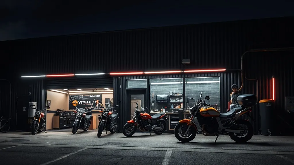 Professional motorcycle detailing workshop exterior, modern