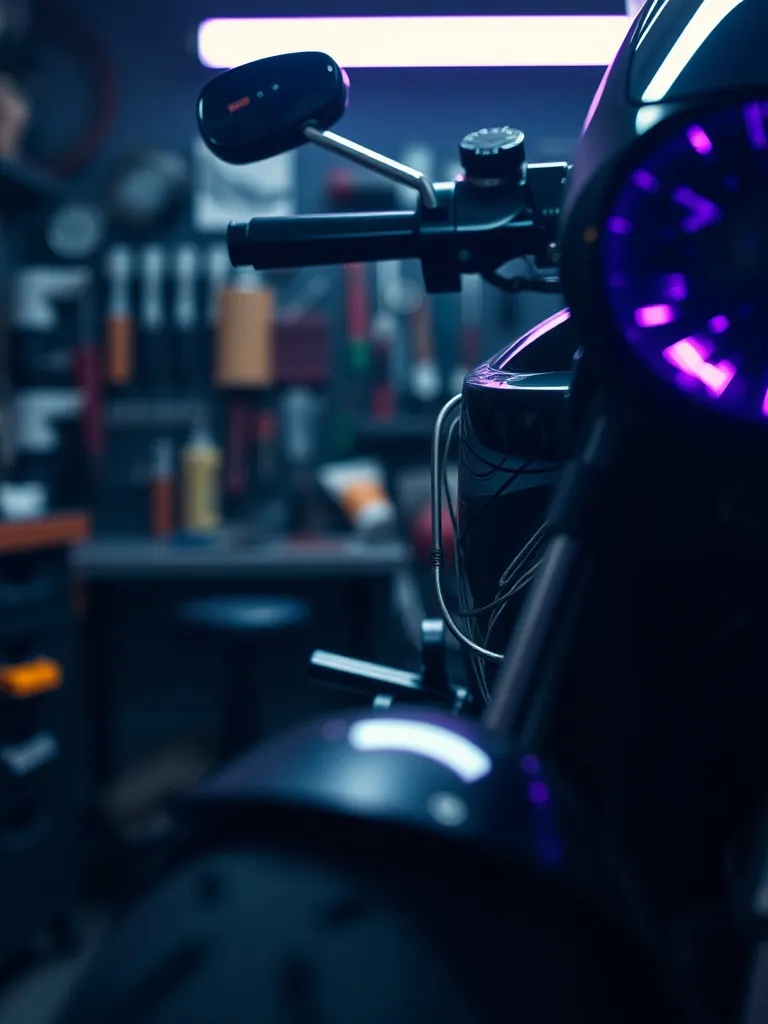 Close-up of a professional motorcycle detailing workshop, da